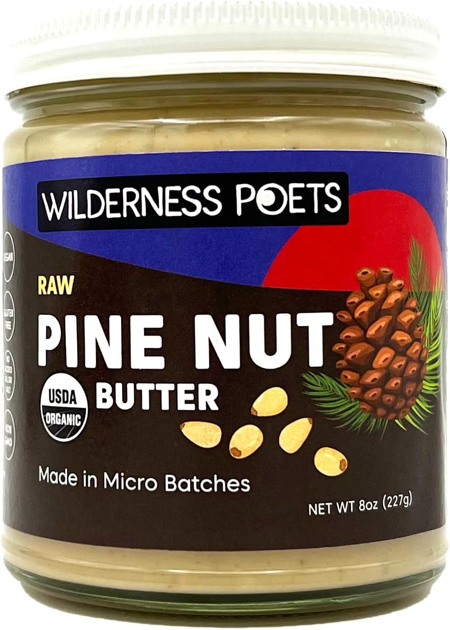Wilderness Poets, Pine Nut Butter - Organic, Raw, 100% Pine Nuts (8 Ounce) - No Salt, No Sugar, Creamy & Buttery - Glass Jar