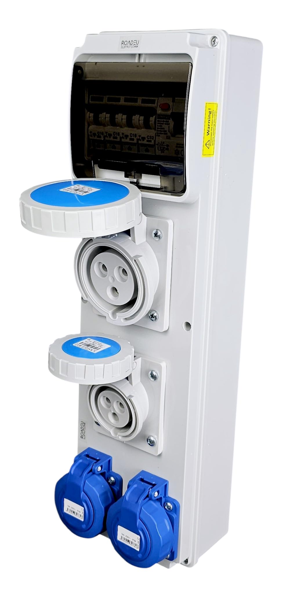 RoadEu Cuadro eléctrico 230V IP65 con diferencial 40A 30mA y magnetotérmicos | 1 toma CEE 32A, 1 CEE 16A y 2 Schuko | precableado para obra, taller y exterior