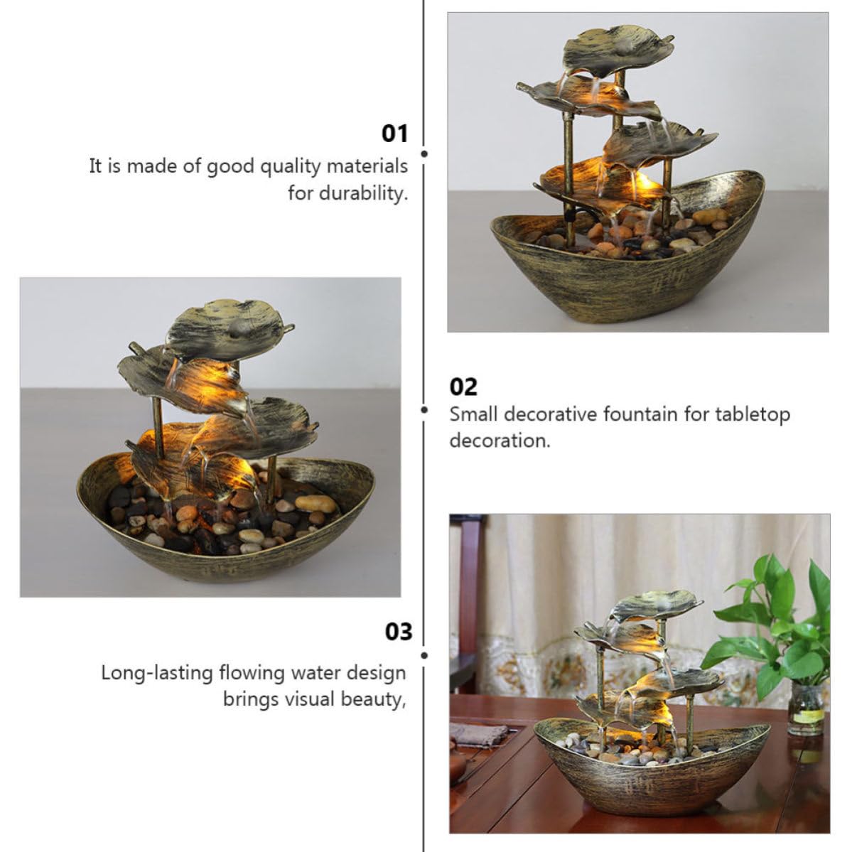 Fuente de Agua Decorativa de Plástico Dorado Luz Led, Reduce Estrés y Decora Sala de Estar o Dormitorio Diseño de Cascada Relajante