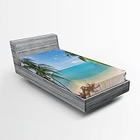 Vista 102 de Ambesonne Sábana bajera tropical, hojas de palmera diversificadas con filodendro de hojas divididas, funda de cama con bolsillo profundo elástico