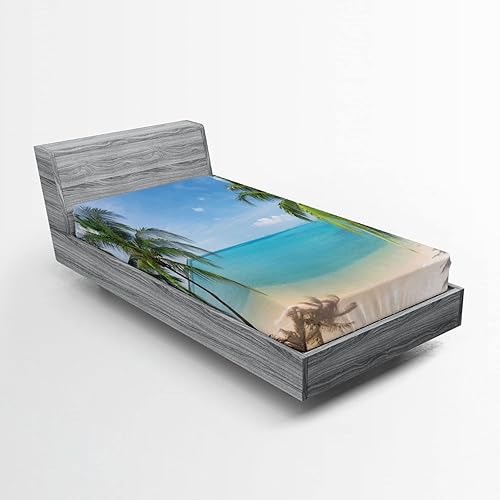 Miniatura 102 de Ambesonne Sábana bajera tropical, hojas de palmera diversificadas con filodendro de hojas divididas, funda de cama con bolsillo profundo elástico