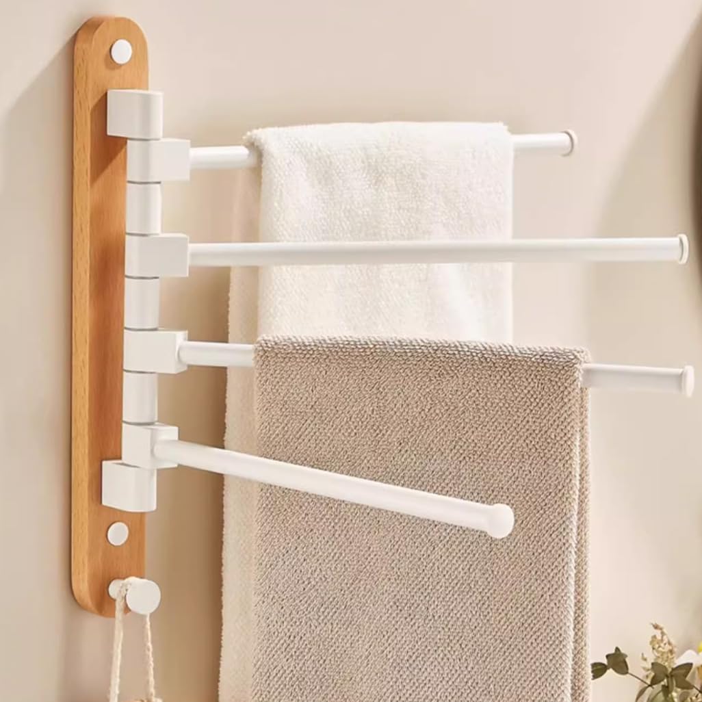 Folding Arm Swivel Towel Rack Bar Rails, Beech Wood Swing Out for Bathroom Kitchen, Bars,Wall Mount Drying Racks for Laundry, Hanger(2Bar)
