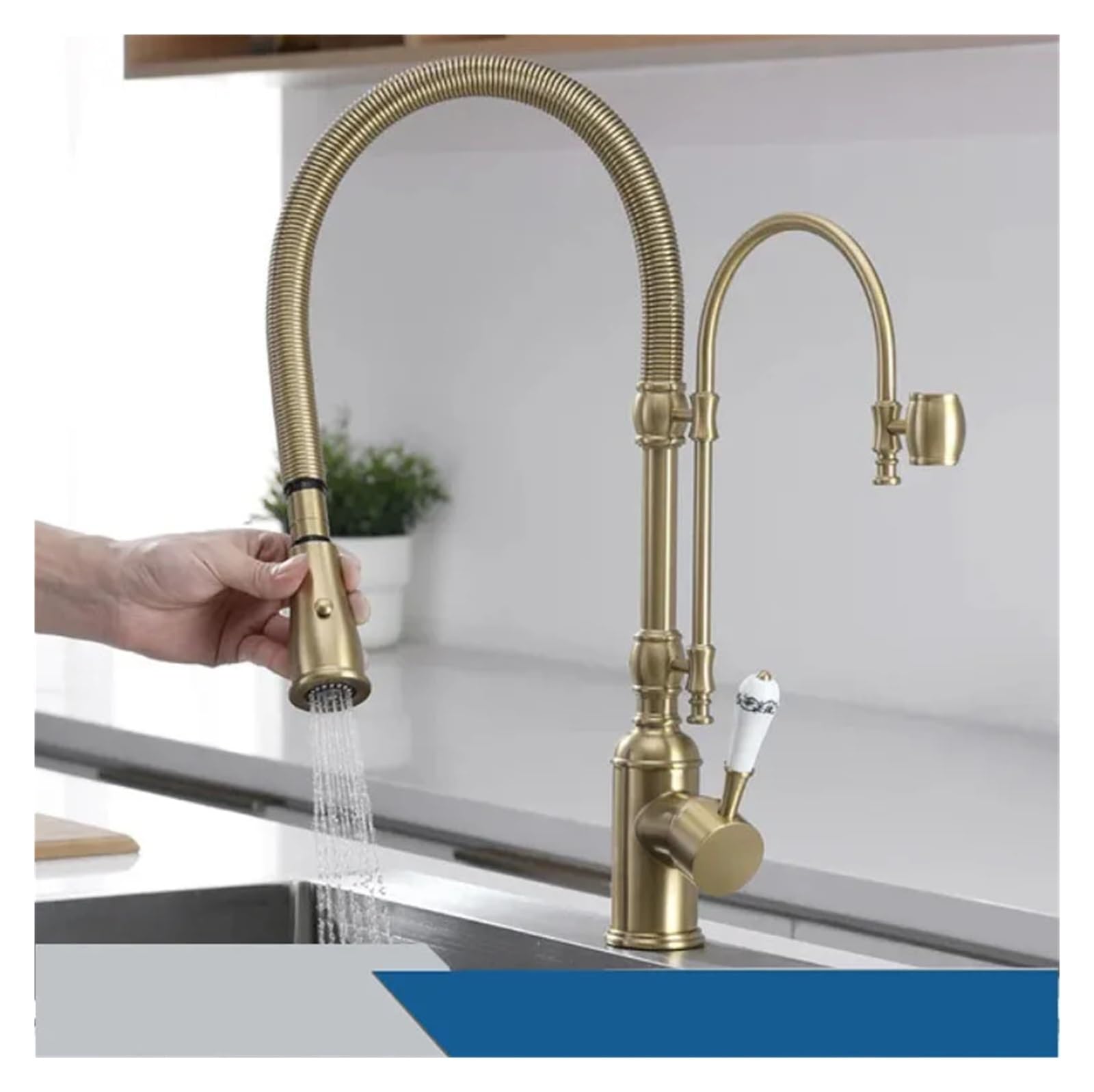 Jvddi Gold Pull Down Kitchen Sink Faucet Hot & Cold Mixer Crane Tap With Dual Spout Deck Mounted(Gold)