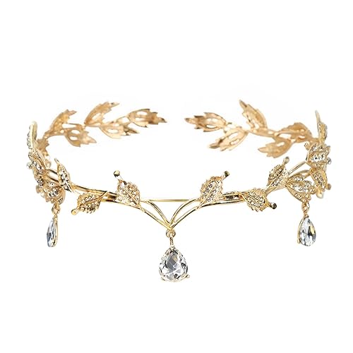 Elfen Kopfschmuck, Tiara Elfe, Blatt Hochzeit Tiara Krone, Feen Kopfschmuck Damen, Elfenkrone Schmuck, Feen Krone, Strass Kristall Braut Tiara, Prinzessin Kristall Tiara Headwear für Frauen Mädchen - Gold - Gold