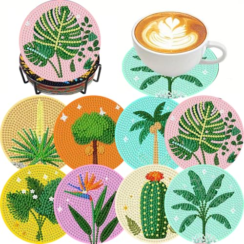 Clendo 8 Pcs Green Plants Diamond Painting Coasters Kits with Holder, 5D Diamond Art Painting Coasters Set for Adults, Small Mini Diamond Dots Kit for Beginners DIY Art Craft Home Decor