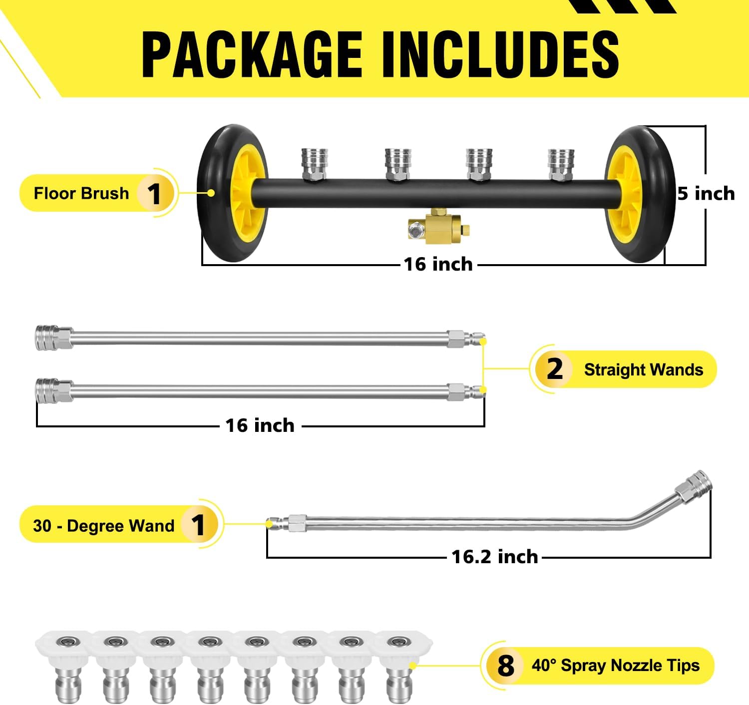 RAYNEL 16'' Pressure Washer Undercarriage Cleaner and Water Broom Attachment with 3 Pcs Extension Wands and 8 Nozzles - 4000PSI, 1/4'' Connector - for Electric and Gas Power Washers