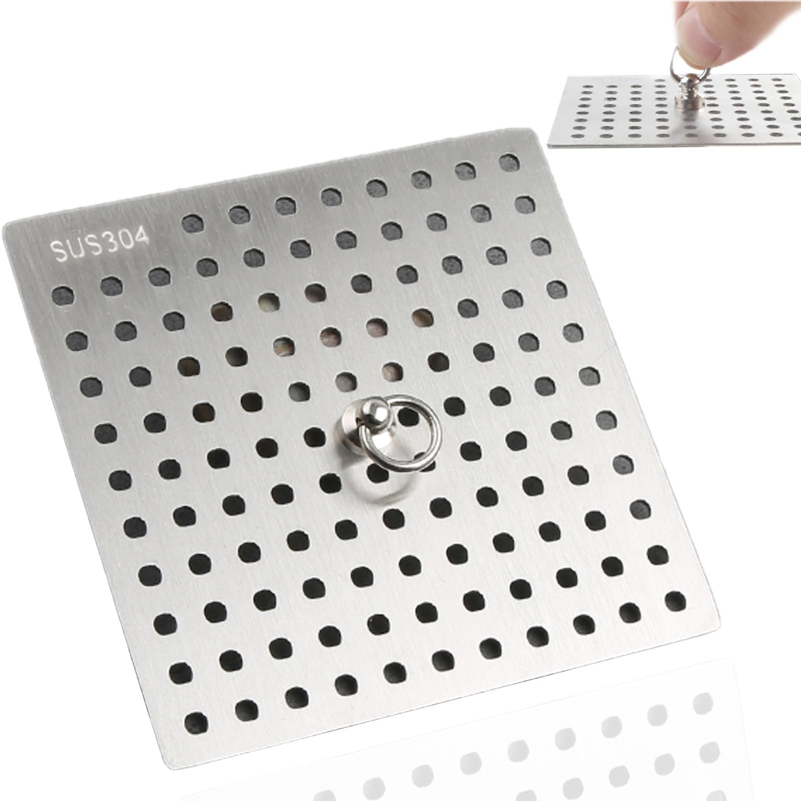Stainless Steel Square Drain Protectors 304 Stainless Steel Drain Covers Square Shower Drain Protectors Handle Ring (10x10cm)