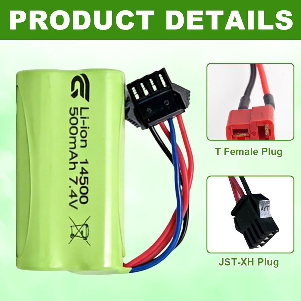Batteria agli ioni di litio da 7,4 V, 500 mAh, ricaricabile, 14500 agli ioni di litio, 7,4 V, con spina SM-4P 4 pin, batteria RC per RC Drone, robot, Airplane universale