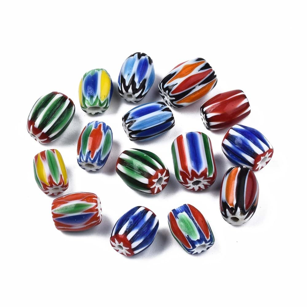Pandahall 50Pcs Handmade Millefiori Lampwork Glass Beads Barrel Drum Shape African Krobo Tribal Flower Pattern Loose Spacer Beads for Necklace Bracelet Earrings DIY Jewelry Making (Hole: 1.4-2mm)