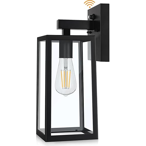 SHINE HAI Dusk to Dawn Sensor Outdoor Wall Sconce, Exterior Porch Lantern Fixture with E26 Socket & Glass Shade, Waterproof Wall Mount Lighting for Patio Front Door Entryway