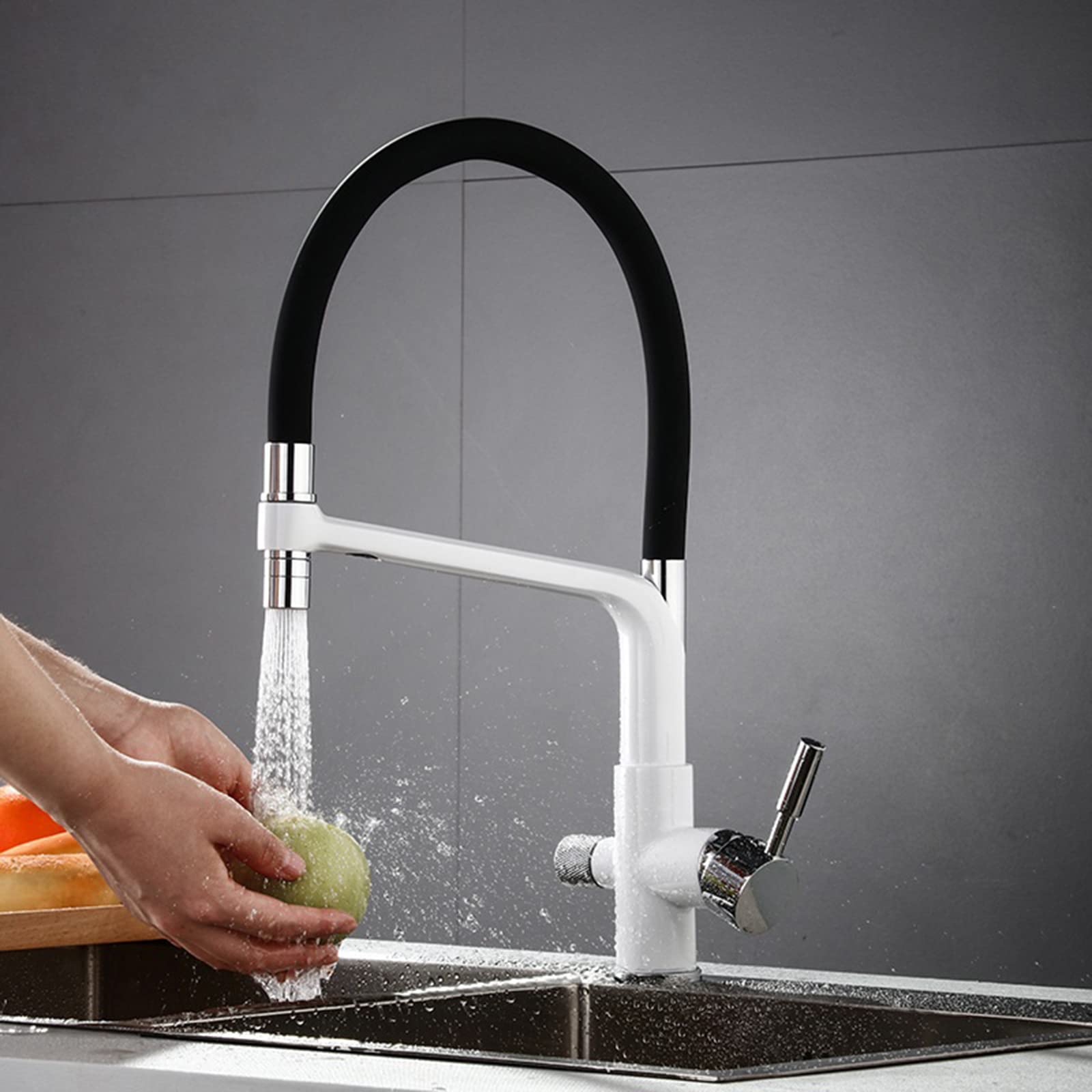 ZQFHSX 3Way PullOut Black Silicone Hose Mixer Tap with Dual Handle & Spray Function for Kitchen SinkStylish Drinking Water Faucet in White