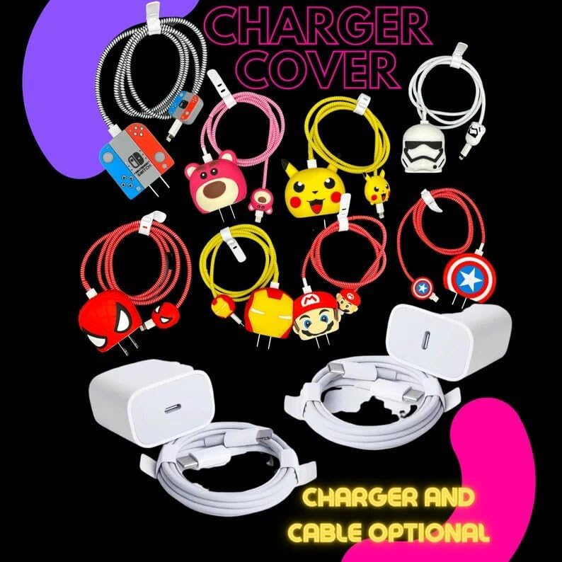 Image of INEFABLE Charger Case Cover Protector with 3D Cute Pattern for iPhone Charger only 18W & 20W, Data Charging Cable Wire Saver Protective Cable Cover Full Protection - Set Of 1 (Mario)