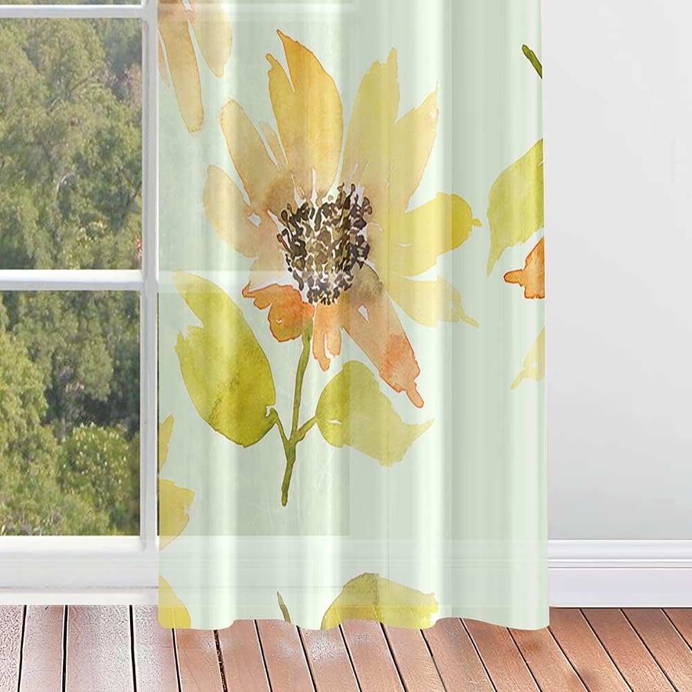 Voile Net Curtains, Light Filtering Sheer Curtains for Living Room 2 Panels, Eyelet Bedroom Curtain, Flowers Print Semi Sheer Window Curtains (Chrysanthemum,55.1x96.1)
