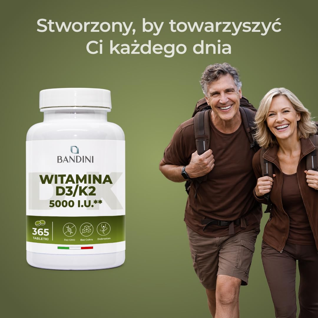Bandini® Witamina D3 + K2 | 365 tabletek | 100mcg K2-99,7+% All-Trans K 2-MK7 + 125 µg - 5000 IU Witaminy D Cholecaciferol | Witaminy D3 i K2 chronią Kości, Zęby i Układ Odpornościowy