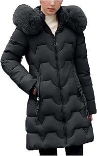 HGps8w Winter Coats for Women with Faux Fur Hood, Mid-Long Quilted Puffer Jackets Thermal Warm Padded Down Outerwear
