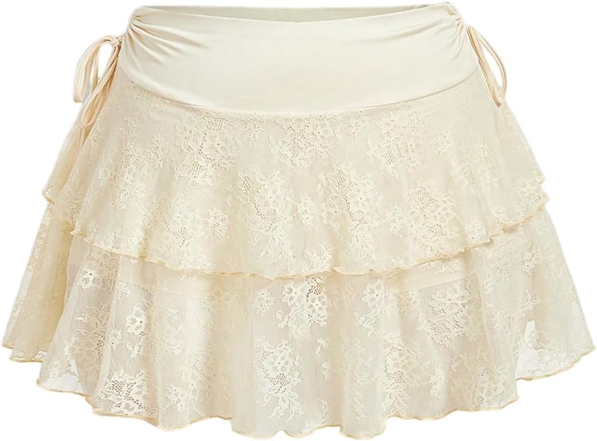 Verdusa Women's Plus Size Y2k Lace Sheer A Line Mini Skirt Ruched Tiered Layered Drawstring Ruffle Skirts