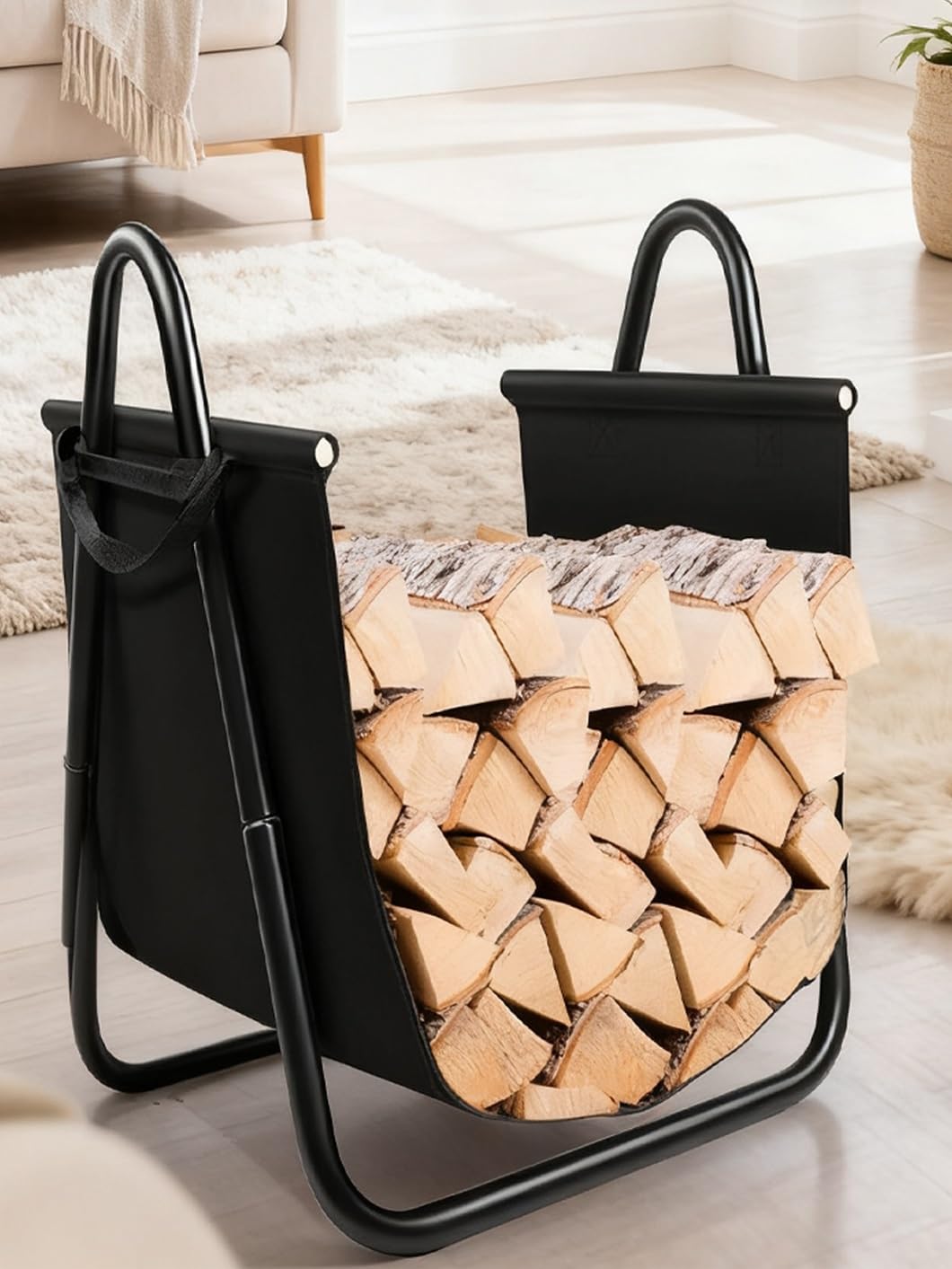 Leñero de Gran Capacidad con Bolsa de Transporte, Soporte for leña for Interior y Exterior, Cesta de Acero con Asas for Chimenea, Patio y jardín.