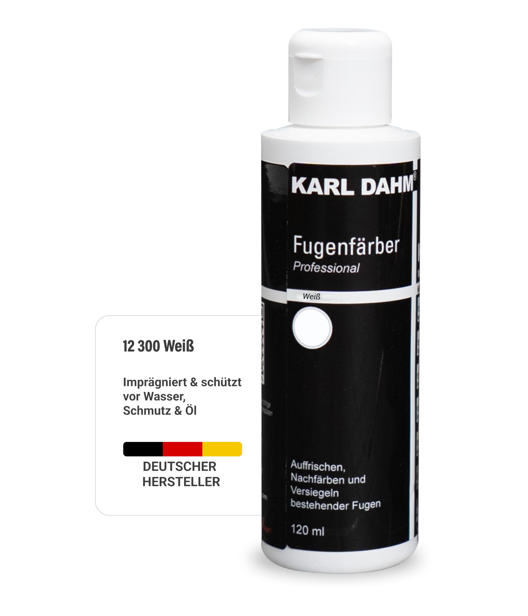 Karl Dahm Fugenfärber Weiß 120 ml – Hochwertige Fugenfarbe für Innen & Außen | Wasser- & schmutzabweisend | Einfache Anwendung