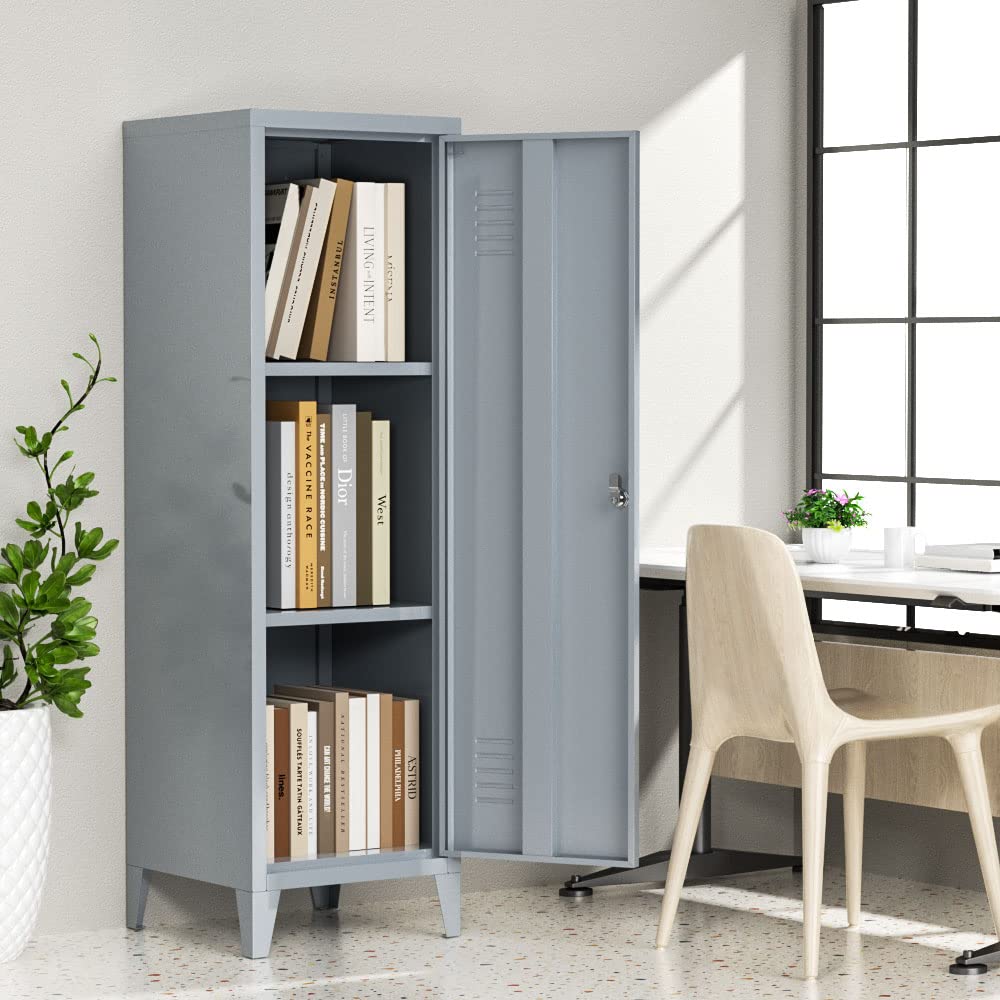 LISSIMO Lockable Storage Cabinet, Metal Locker Organizer for Employees?Steel Cabinet with Keys and Removable Shelves for Home Office School and Dormitory(Grey)