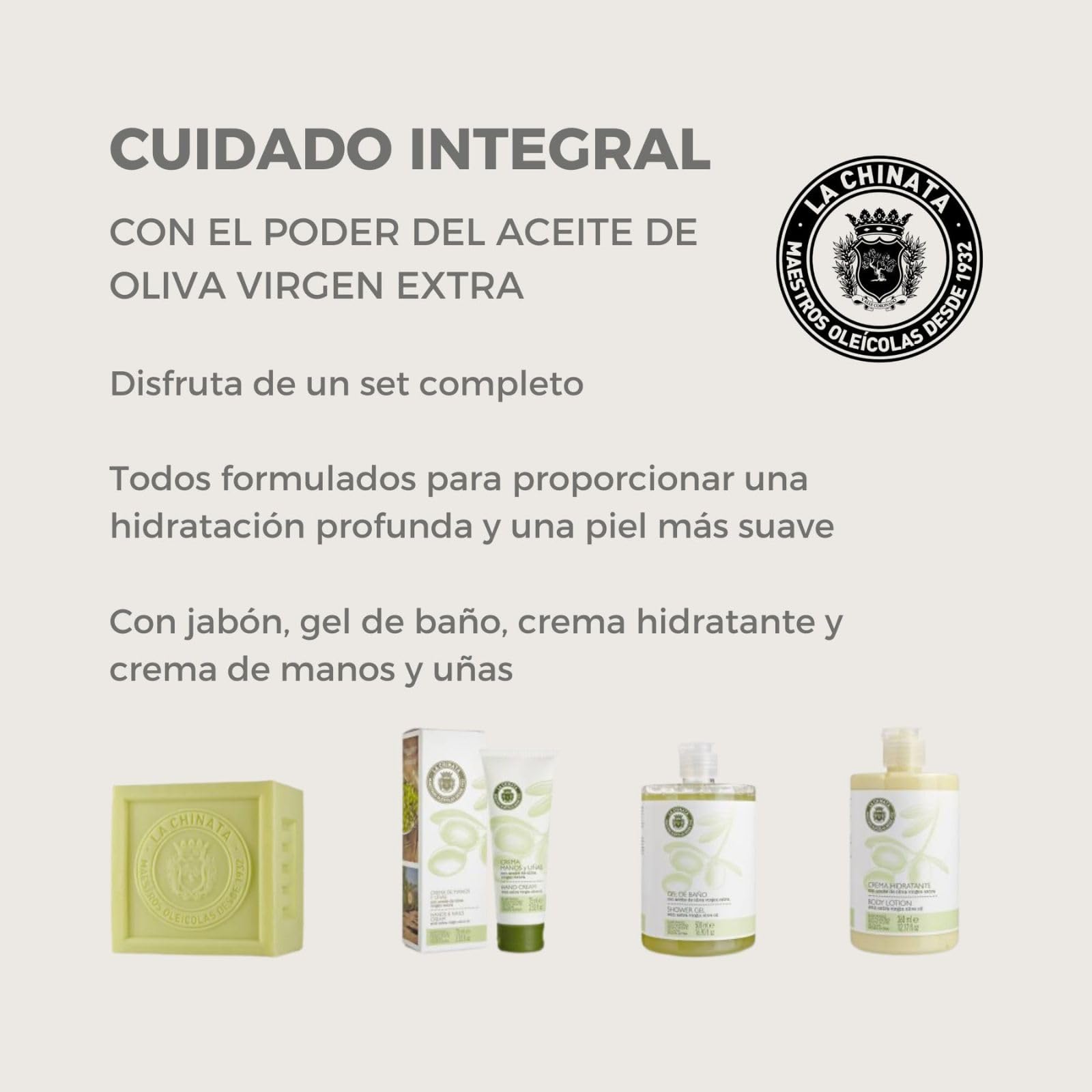 La Chinata Cesta Pequeña Cosmética Nº 1 con AOVE | Pack Cuidado de la Piel con Jabón, Gel de Baño, Crema Hidratante y Crema de Manos y Uñas | Cosmética Natural | Hidratación Piel Sensible | Regalo