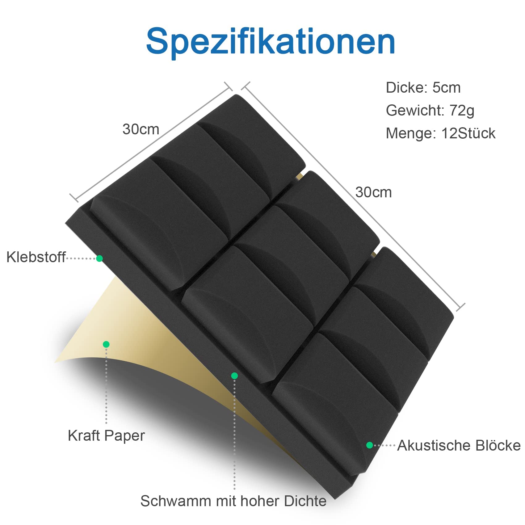 12 Stück Akustikschaumstoff Schalldämmung Selbstklebend 5CM Schaumstoffplatte Schallabsorber Schalldämmung Wand Noppenschaumstoff Schallschutzmatte für Tonstudio, Arbeitszimmer 5CM
