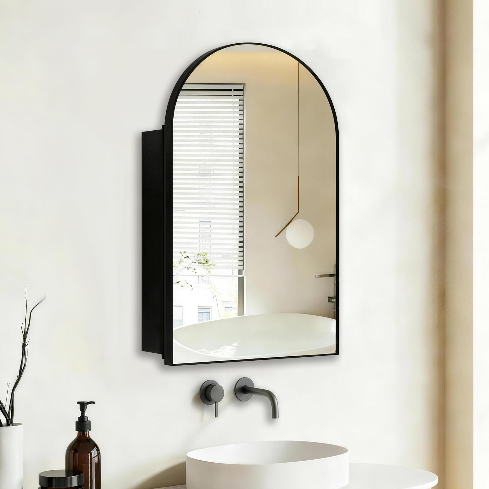 Black Arched Medicine Cabinets with 20"x30" Mirror,Bathroom Mirror Cabinet with Storage,Brushed Black Arch Medicine Cabinet with Surface Mount and Recessed Mount,Open from Right to Left