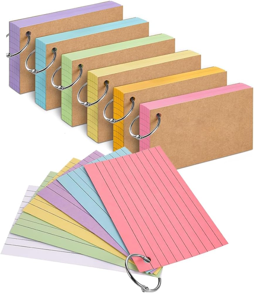 300PCS Colored Index Cards with Ring, Punched Lined Flashcards Ruled Index Cards Notecards Study Cards Heavy Note Cards for Studying, Learning, School, College, Memory
