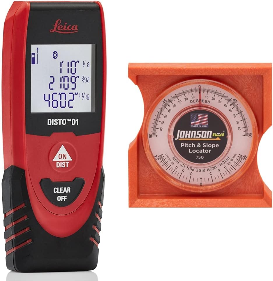 Leica DISTO D1 120ft Laser Distance Measure with Bluetooth 4.0, Black/Red & Johnson Level & Tool 750 Pitch & Slope Locator, Orange, 1 Level