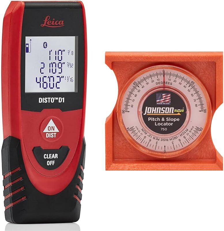 Leica DISTO D1 Medición de distancia láser de 120 pies con Bluetooth 4.0, negro/rojo y localizador de nivel y pendiente Johnson 750, naranja, 1 nivel
