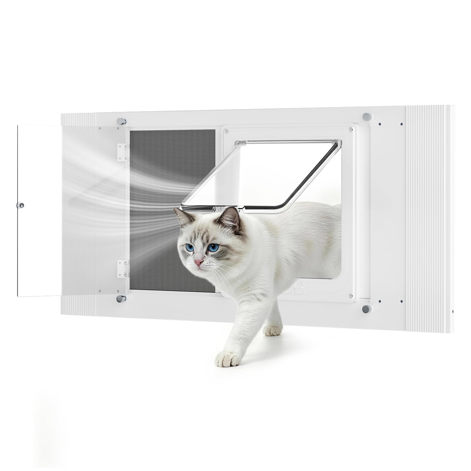 Porta finestra per gatti per tutte le stagioni con schermo in rete e pannello acrilico trasparente, larghezza regolabile da 61 a 71 cm, chiusura magnetica, resistente alle intemperie, porta per