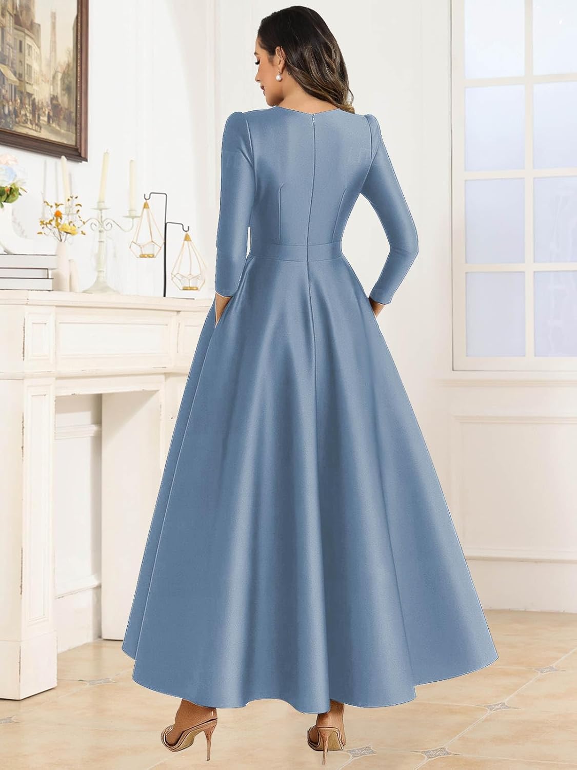 Long Satin Mother of The Bride Dresses for Women A Line Long Sleeve Formal Dress with Pockets - Image 3