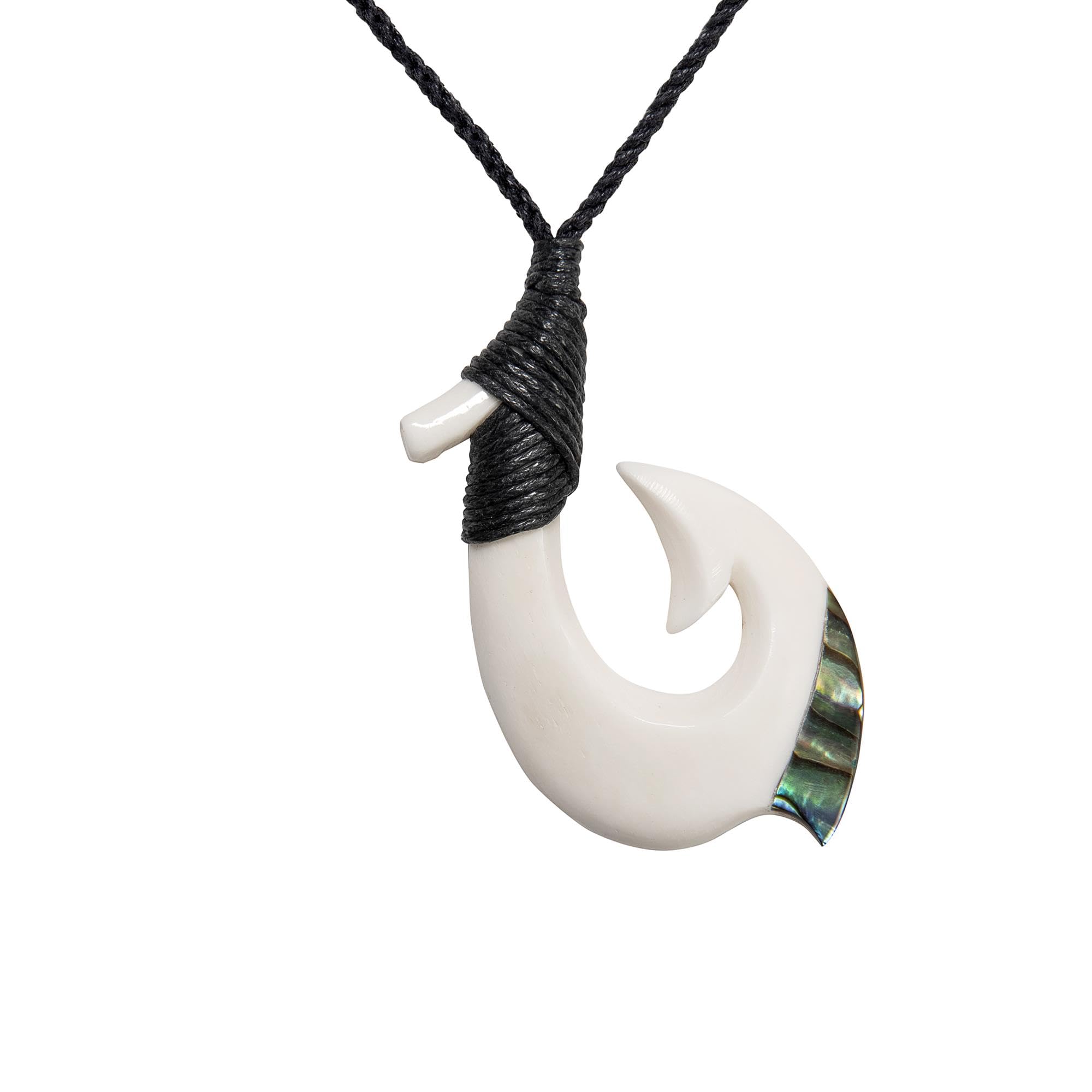 81stgeneration Ciondolo Long Hei Matau in Osso Intagliato a Mano con Conchiglia Paua | Accessorio da Surfista da Uomo | Collana Fatta a Mano con Cordino e Amo da Pesca in Stile