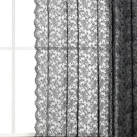 Kotile Black Voile Curtains for Living Room - Black Lace Curtains 90 Inch Drop for Bedroom, Privacy Light Filter Net Sheer Curtains for Sliding Glass Door/WIndows, 52 x 90 Inch, Set of 2 PCs, Black Cover
