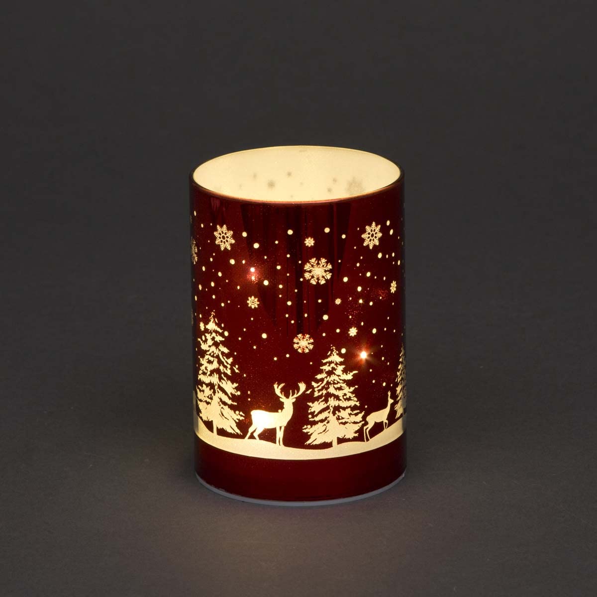 SHATCHI 13cm Christmas Decorated Vase Table Lamp Etched Glass Tube Forest Scene Red Cylinder LED Fairy Lights Battery Operated