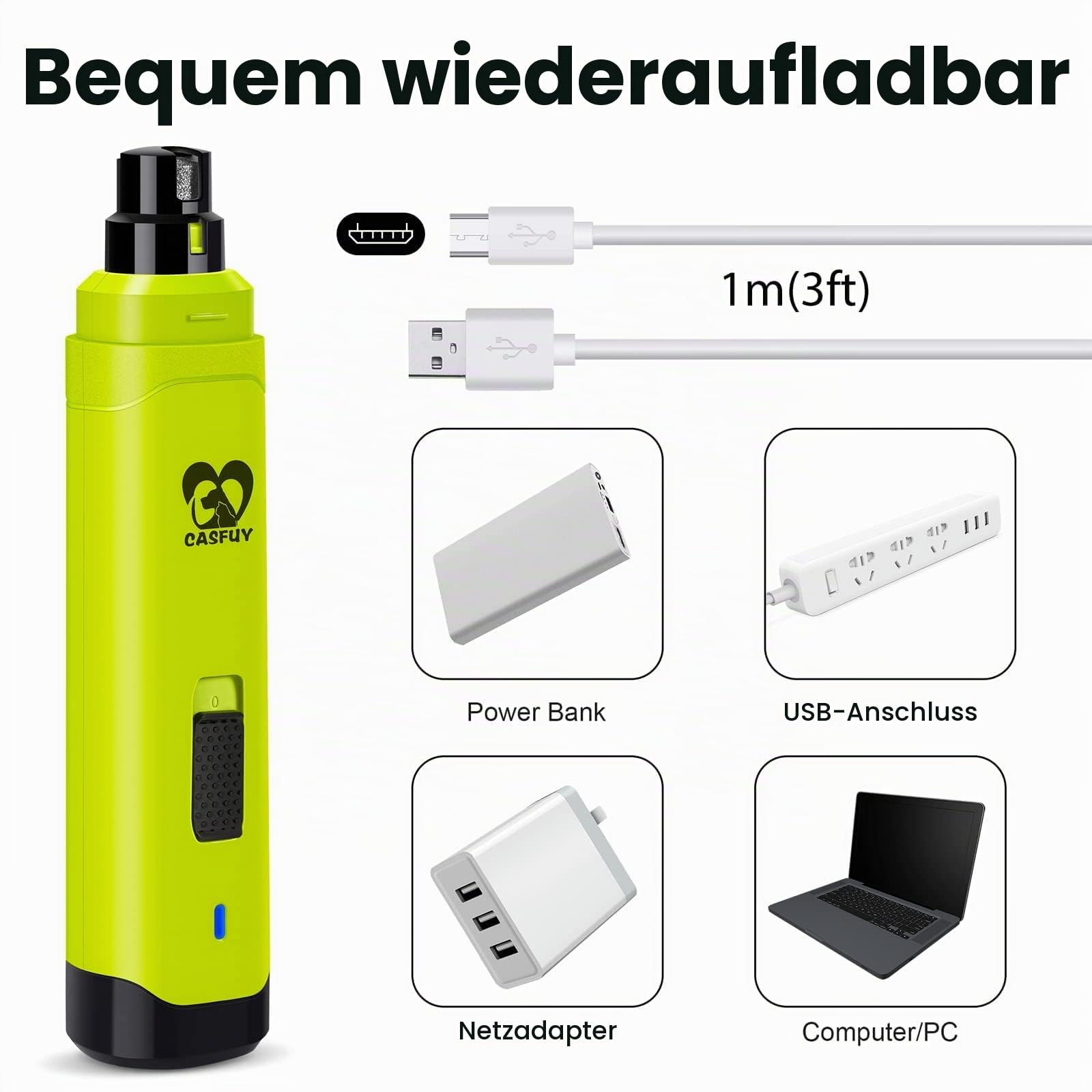 Casfuy Krallenschleifer für Hunde - Professioneller 2-Gang-Elektrisch-Wiederaufladbarer Krallenschneider für Haustiere, schmerzlose Pfotenpflege und -glättung für kleine, mittelgroße Hunde und Katzen