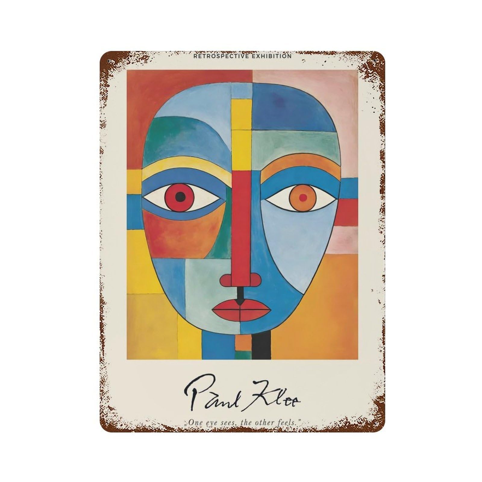 Weathered Tin Sign with Paul Klee Colorful Face Design 15.7"x11.8", for Office, Studio And Wall Decor, Retro Wall Decor
