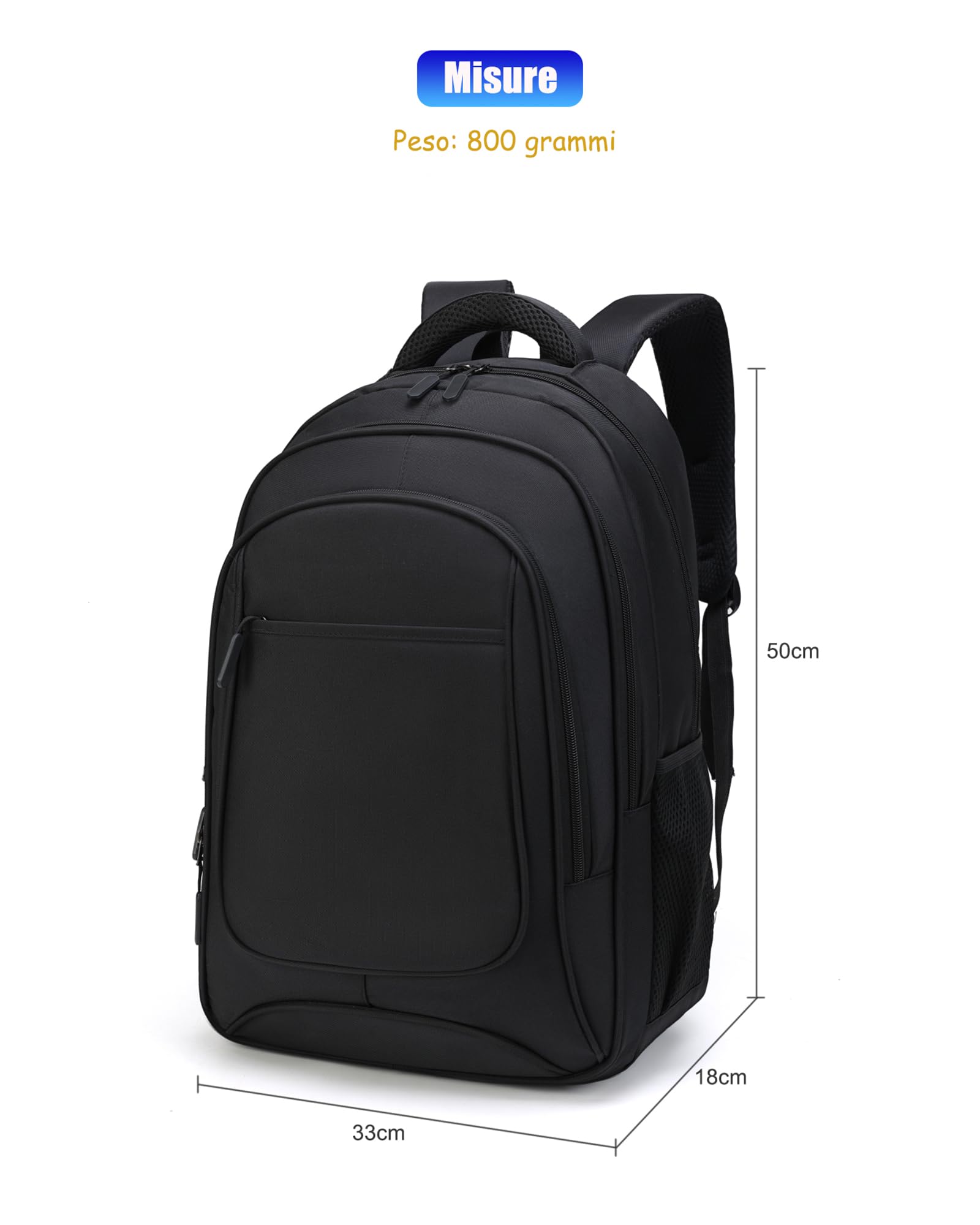 Zaino Grande per Viaggio Scuola Sport Lavoro 33x18x50 cm 30 Litri da Uomo Donna Unisex Sportivo Trekking Escursione Nero km27