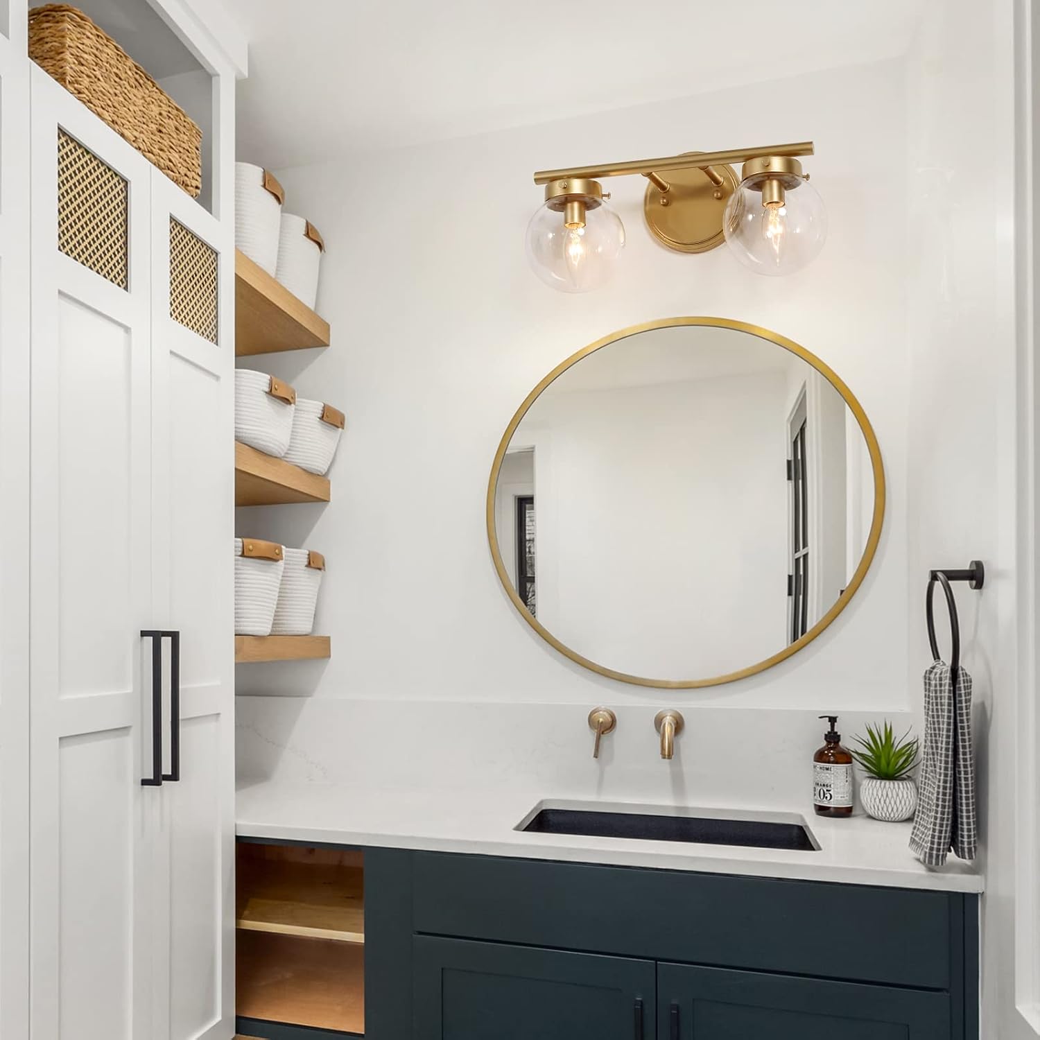 KSANA Bathroom Light Fixtures, 2-Light Gold Vanity Lights with Clear Globe Glass, Gold Bathroom Lights Over Mirror, 14" L x 6.5" W x 8" H