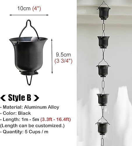 Miniatura 5 de ntumLeap Black Rain Catcher Chain with Hook, Aluminum Rain Chain Gutter Downspout Replacement, Outdoor Decor Rain Cups Water Feature Downpipe,Style