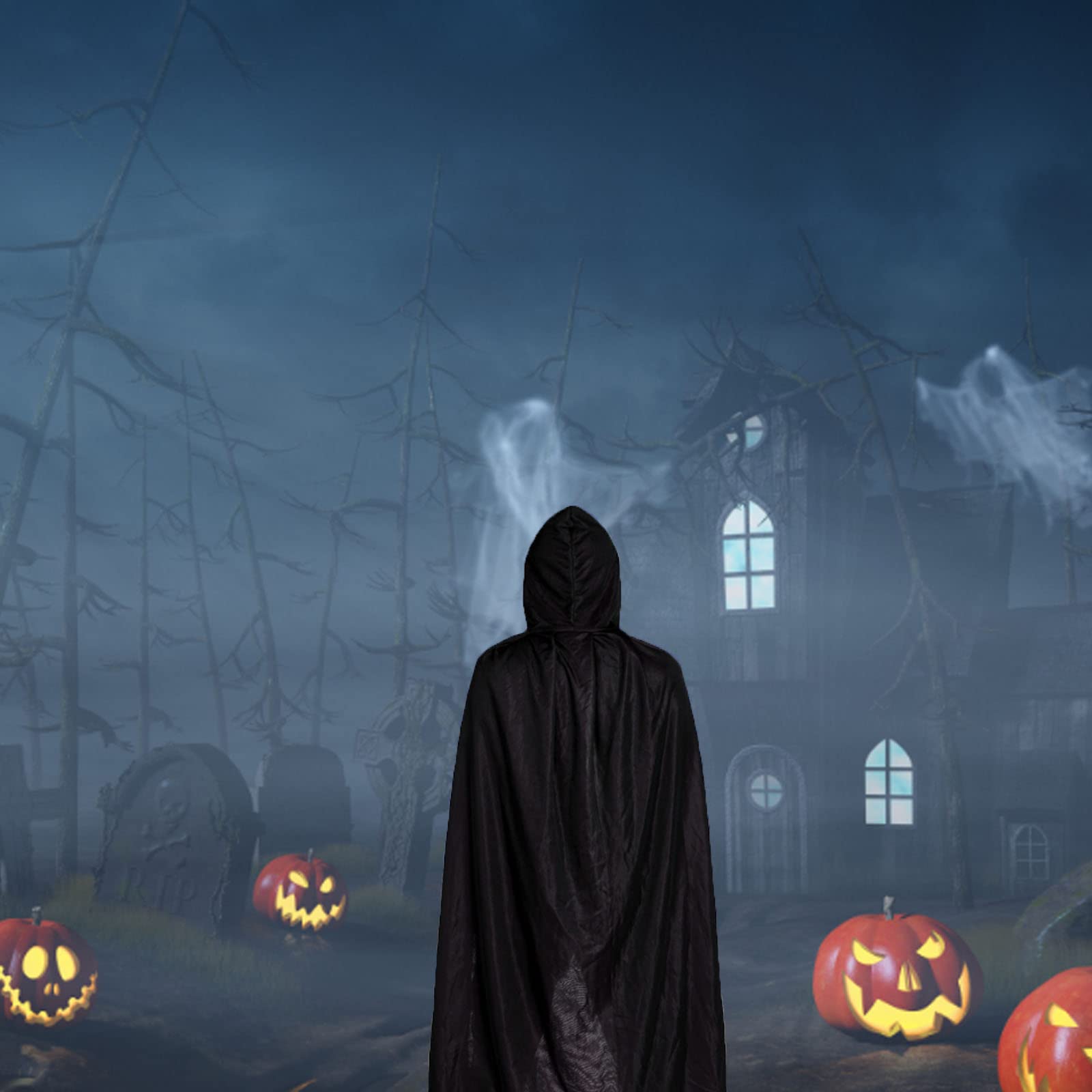 Schwarzer Halloween Umhang Mit Kapuze & 20 Narben-Tattoos - Gruselkostüm Für Kinder & Erwachsene