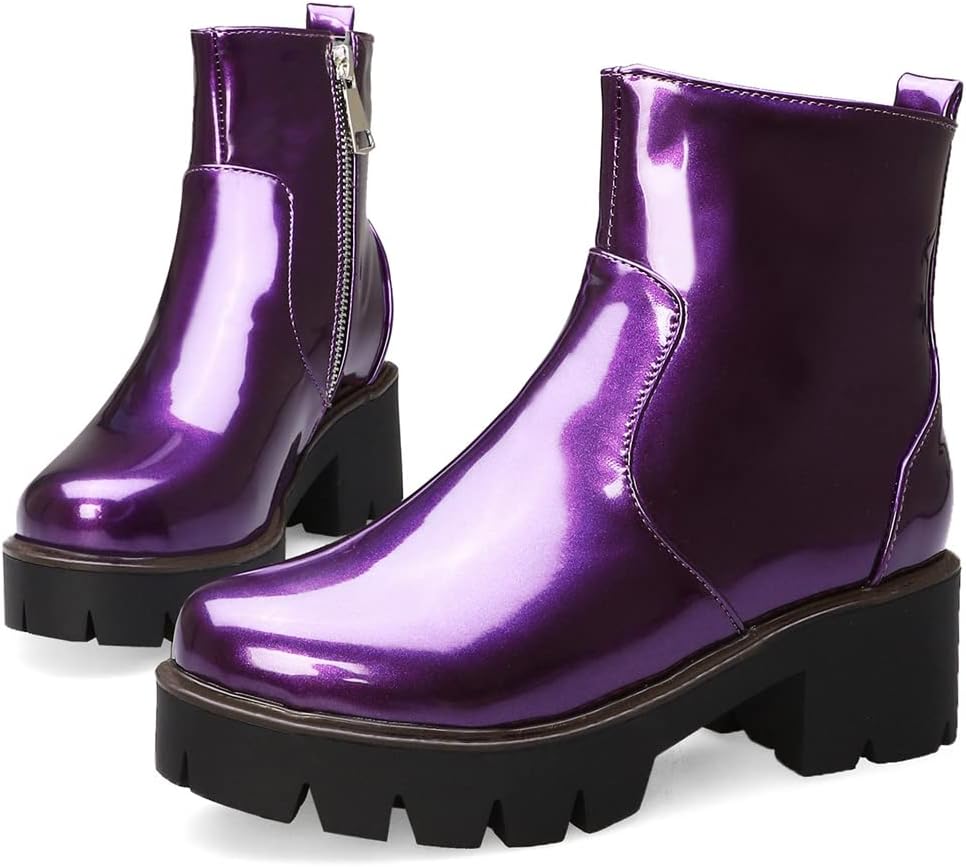 KUUTGG Women's Fashion Dressy Ankle Boots Patent Leather Round Toe Platform Zip Chunky Mid Heel Short Booties - Image 4
