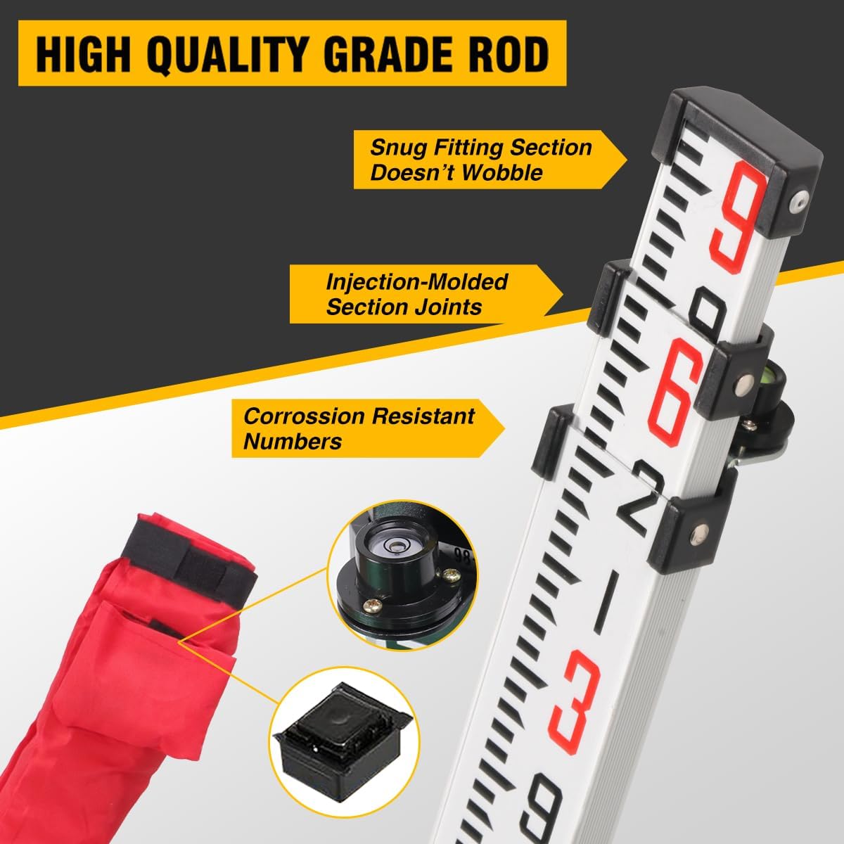 Lightweight Aluminum Surveying Tripod 62.2" with 5/8-Inch 11-Threaded Flat Head and Dual Lock，9 FT Dual Sided Telescopic Aluminum Grade Rod for Precise Construction Measurement,Land Surveying