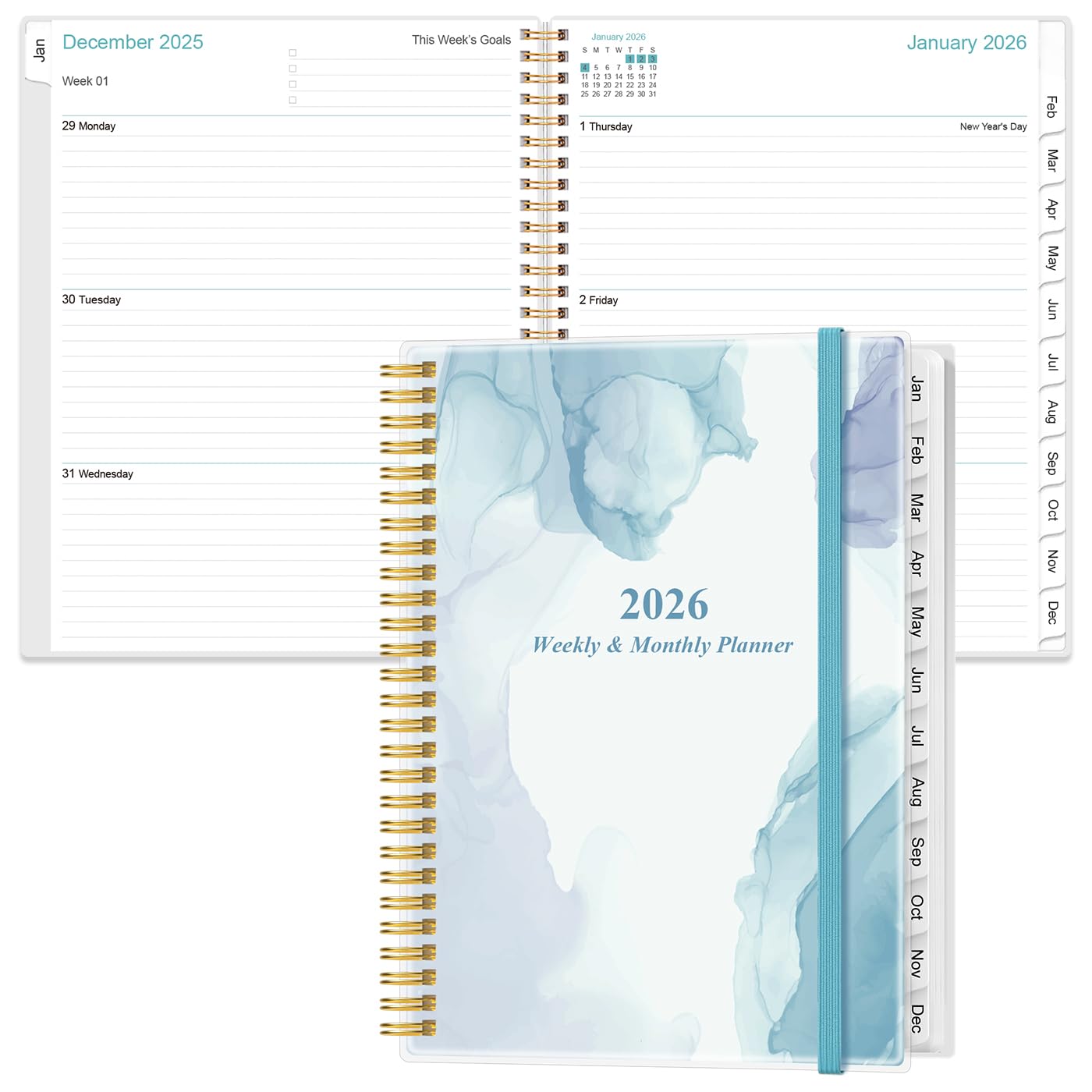 2026 Planner - Planner 2026 from January 2026 to December 2026 with 12 Monthly Tabs, Flexible Cover, Inner Pocket, 8.5" x 11", Blue Watercolor