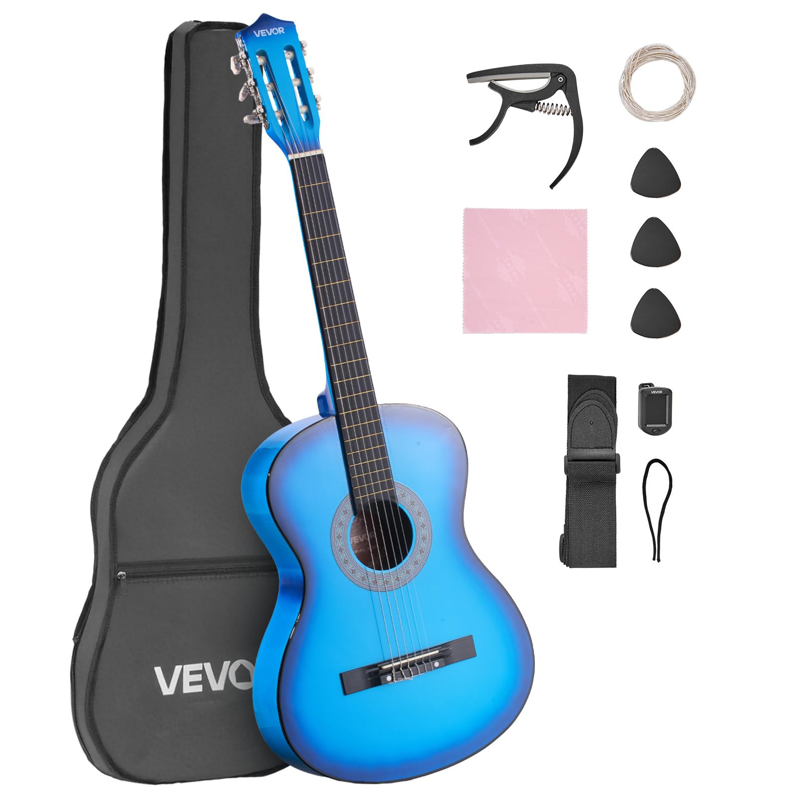 VEVOR Chitarra Classica, 960 mm, in Legno per Principianti, con Corde in Nylon, Custodia Morbida, Tracolla, Accordatore, Corde Extra, Plettri, Capotasto, Tiglio, per Adolescenti, Adulti, Blu