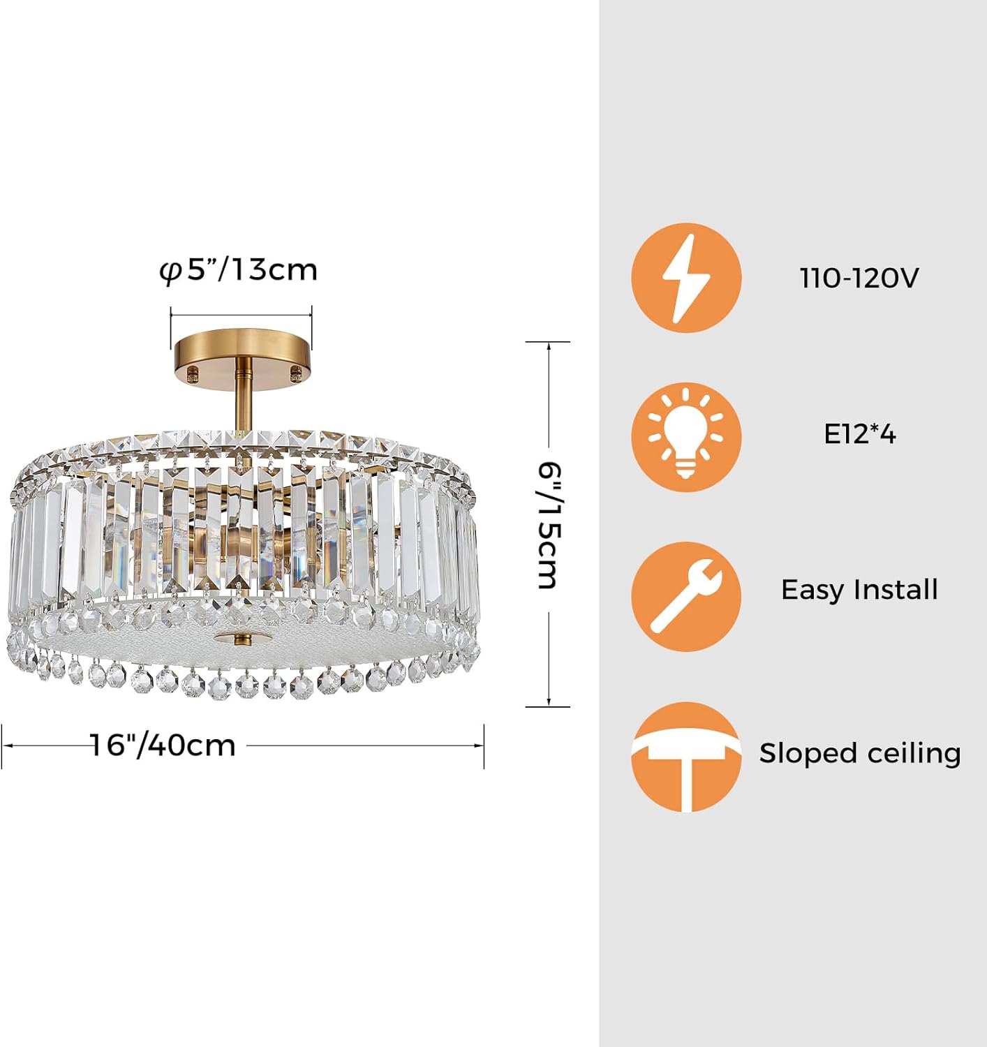 Shrine Crystal Gold Flush Mount Ceiling Light, Round Semi Flush Mount Ceiling Light for Living Room Bedroom Hallway Entryway Kitchen, D15.7'' × H6.1'', 4*E12 Sockets, Raindrop Crystal & Gold Finish