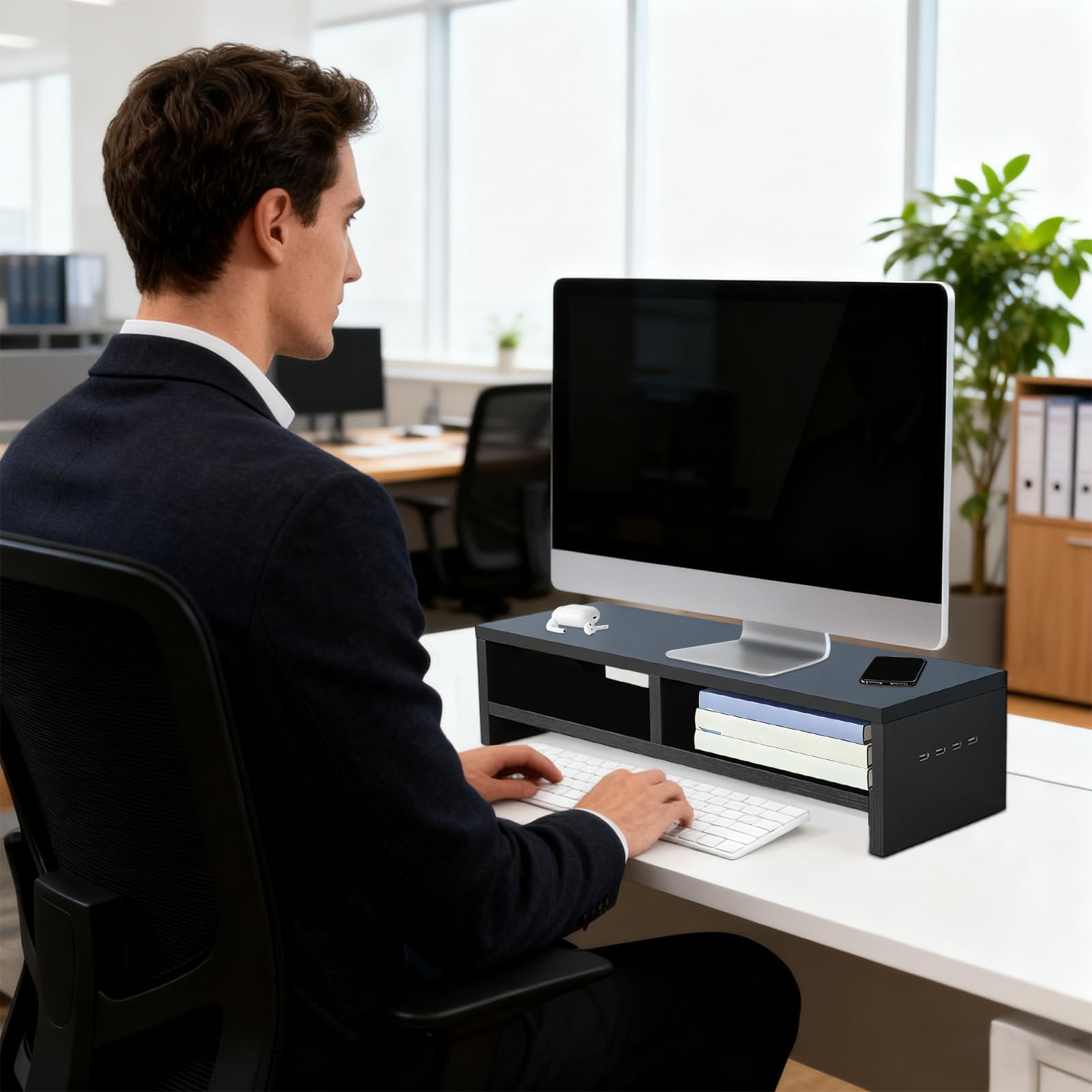 Podstawka Biurkowa Na Monitor 2-warstwowy Drewniany z 4 Portami USB