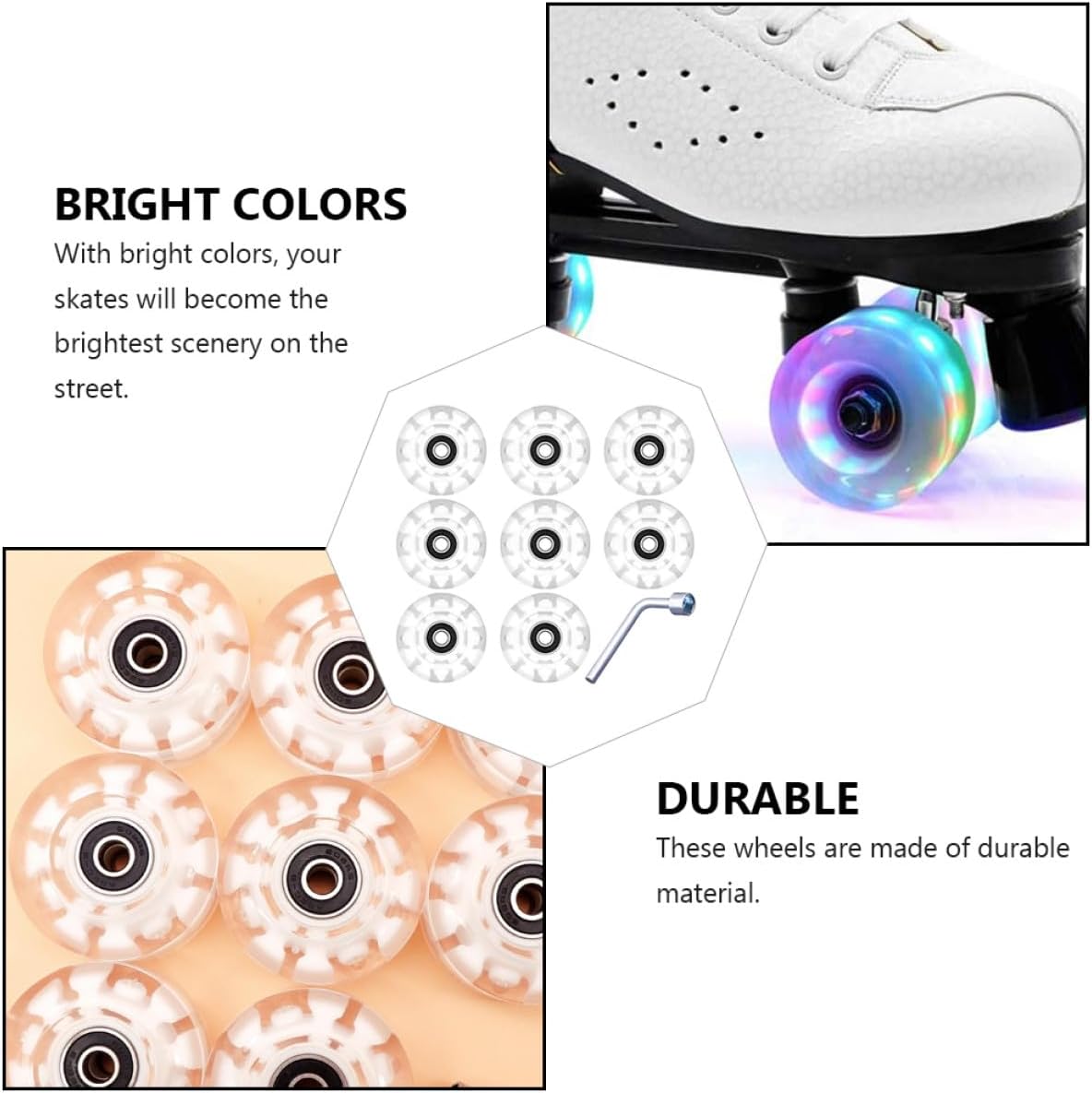 Light-up Roller Skate Wheels 8pcs Pu Double-row Replacement Wheels with Bearings and Wrench for Inline Skates Outdoor Street Skating Accessories