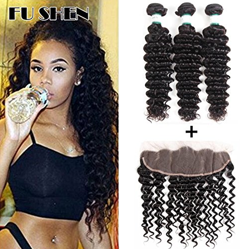 FU SHEN Brazilian Virgin Deep Wave Human Hair, 3 Bundles with Lace Frontal, 8A Curly Weave Human Hair Bundles with Ear to Ear 13×4 Free Part Lace Frontal(14 16 18+12F, Deep Wave Bundles with Frontal)