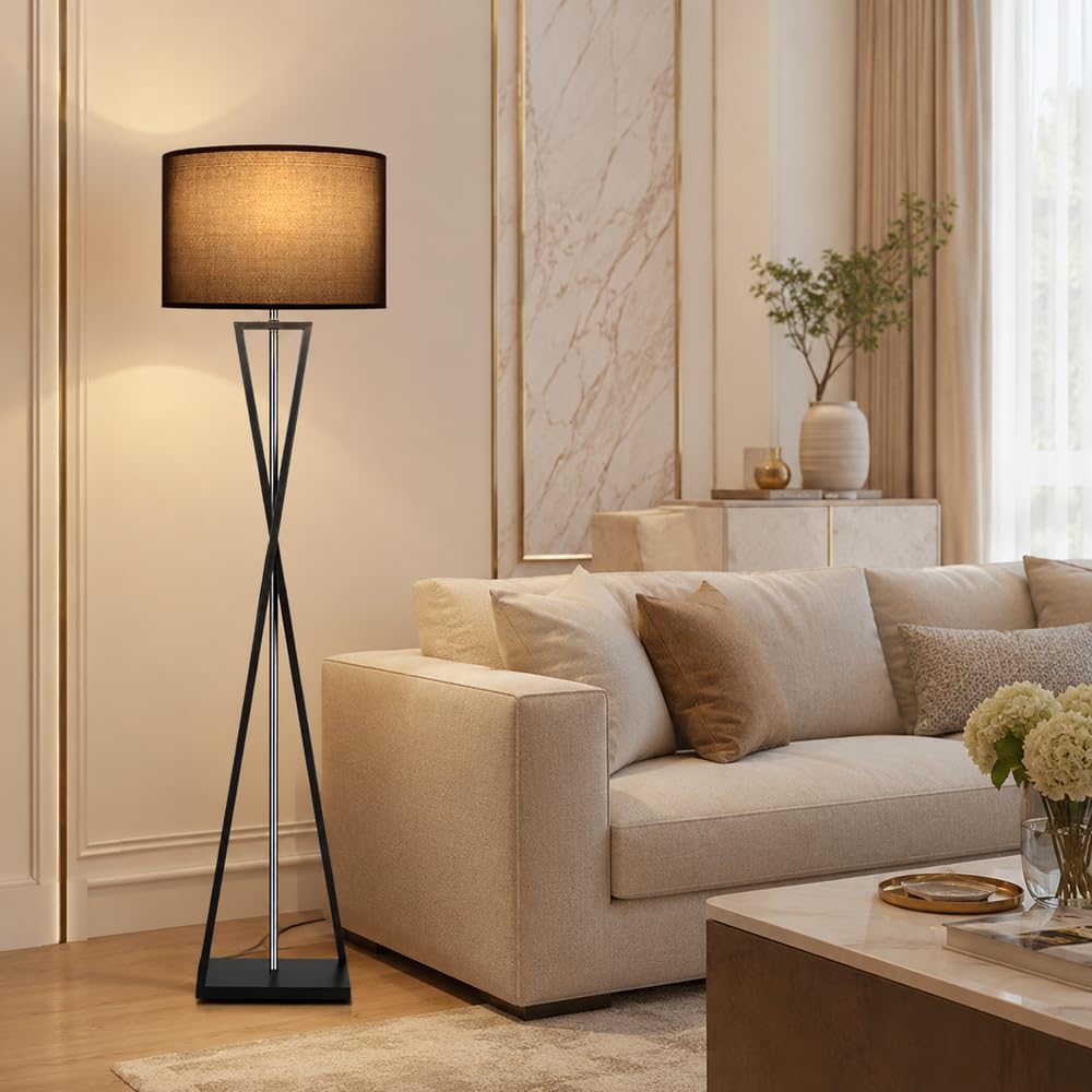 Wylolik Modern Floor Lamp with Fabric Shade, 3 Color Dimming Standing Light