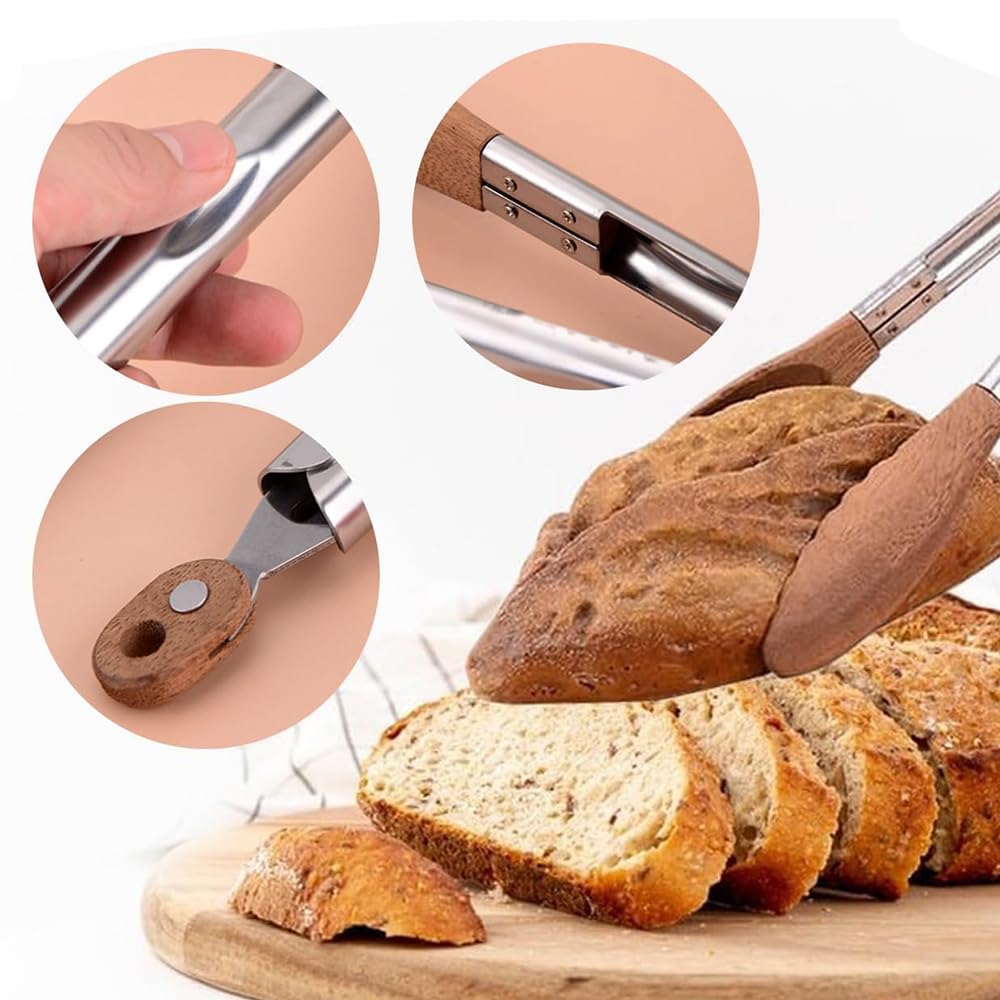 Pinzas de madera para cocinar, pinzas de ensalada de madera antideslizantes de acero inoxidable con mango largo con agujero para colgar, pinzas de cocina para barbacoa, parrilla, servir alimentos,